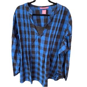 Woman Within Blouse‎ 3X Blue Buffalo Plaid Button Up Pin Tuck Long Sleeve Preppy